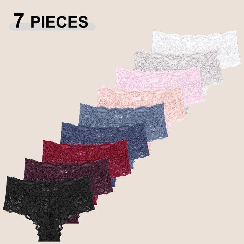 7PCS Lace High Waist Star Thongs Panties For Women Sexy Solid Color Breathable Perspective G-Strings Female Hollow Out Lingerie