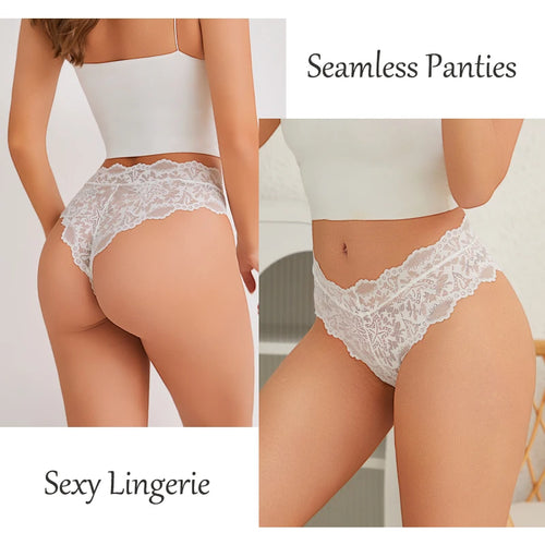 7PCS Lace High Waist Star Thongs Panties For Women Sexy Solid Color Breathable Perspective G-Strings Female Hollow Out Lingerie