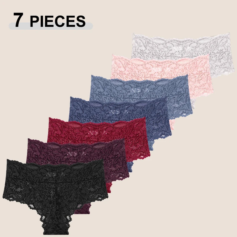 7PCS Lace High Waist Star Thongs Panties For Women Sexy Solid Color Breathable Perspective G-Strings Female Hollow Out Lingerie