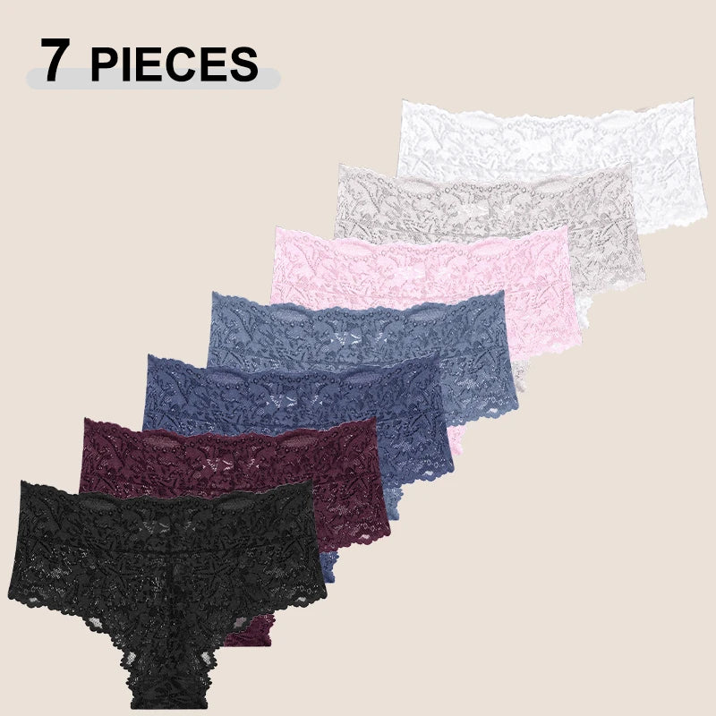 7PCS Lace High Waist Star Thongs Panties For Women Sexy Solid Color Breathable Perspective G-Strings Female Hollow Out Lingerie