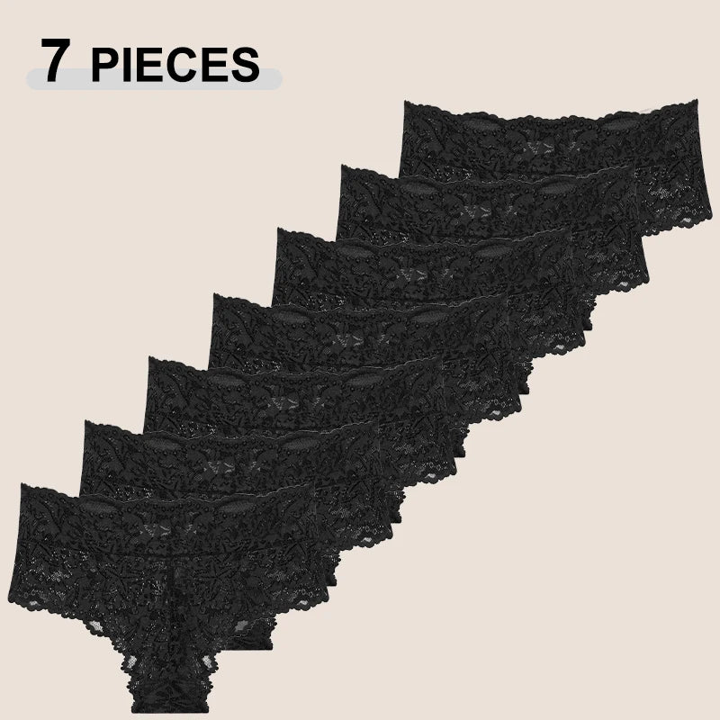 7PCS Lace High Waist Star Thongs Panties For Women Sexy Solid Color Breathable Perspective G-Strings Female Hollow Out Lingerie