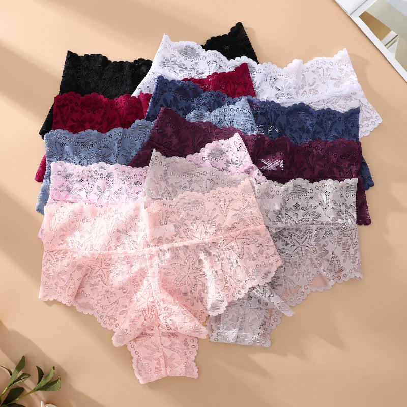7PCS Lace High Waist Star Thongs Panties For Women Sexy Solid Color Breathable Perspective G-Strings Female Hollow Out Lingerie