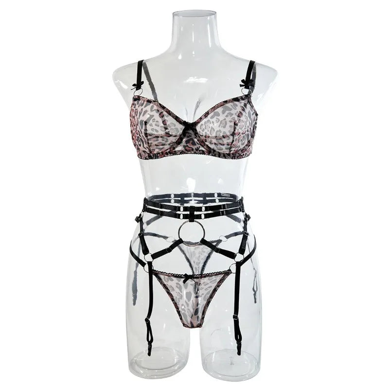 Set Lenjerie Sexy Leopard - 3 Piese cu Jartiere