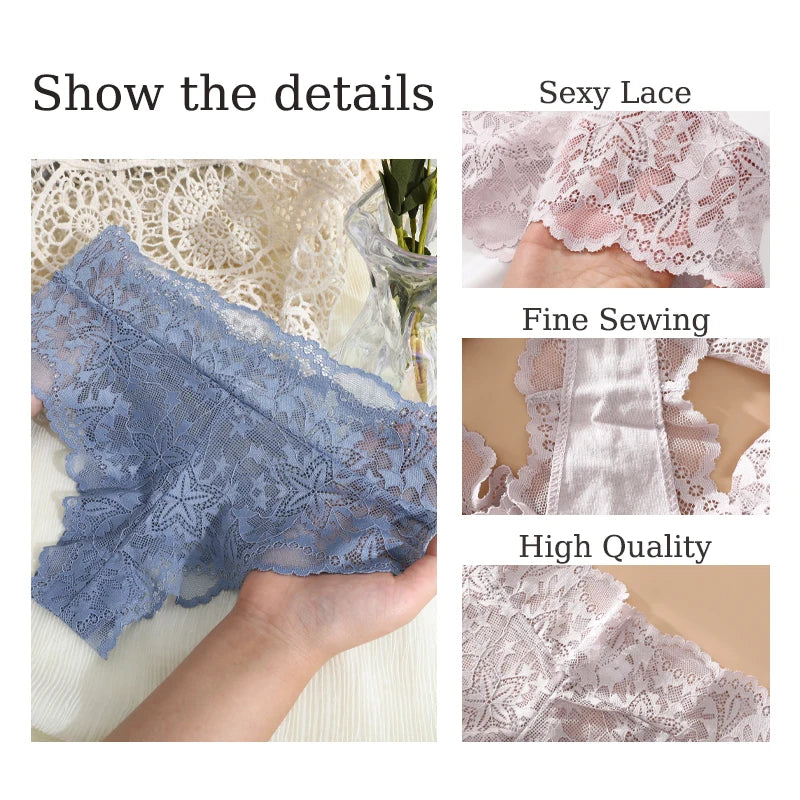 7PCS Lace High Waist Star Thongs Panties For Women Sexy Solid Color Breathable Perspective G-Strings Female Hollow Out Lingerie
