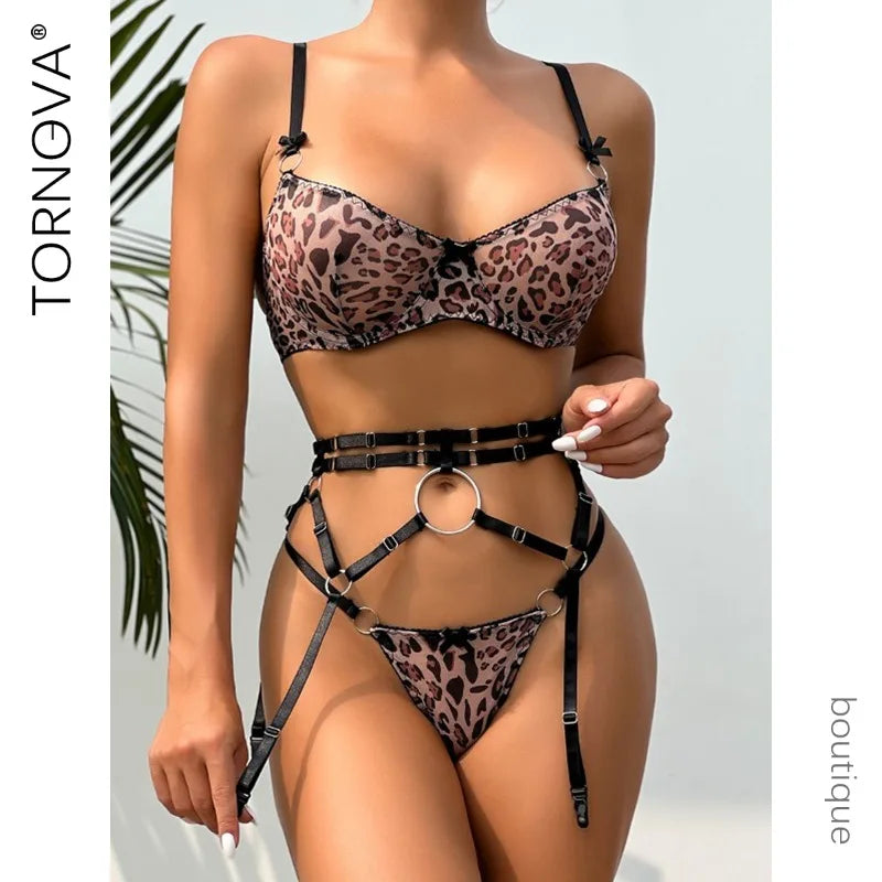 Set Lenjerie Sexy Leopard - 3 Piese cu Jartiere
